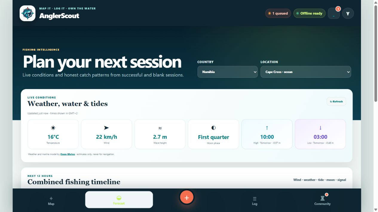 Detailed AnglerScout forecast and fishing conditions screen