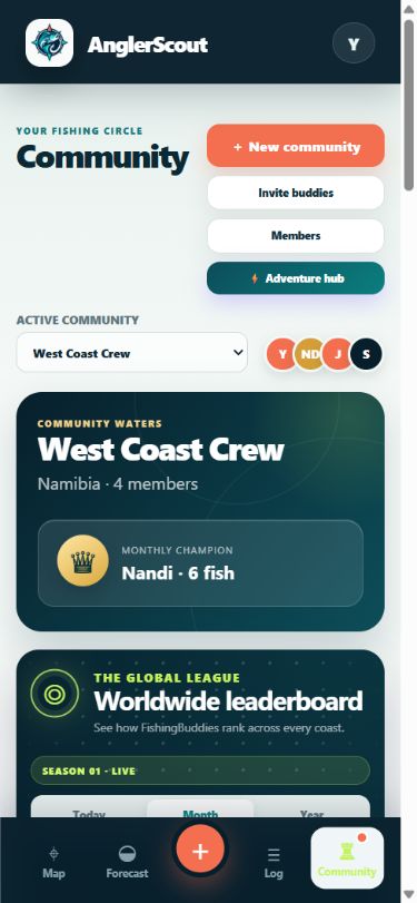 AnglerScout fishing community leaderboard on mobile