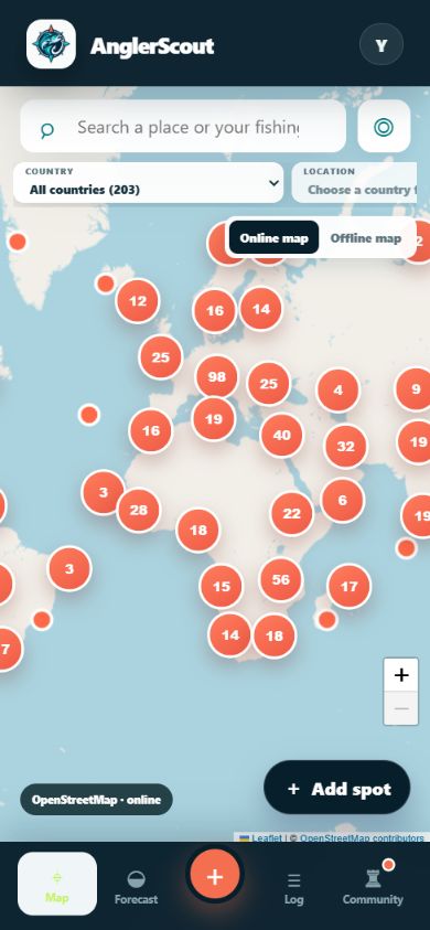 AnglerScout worldwide map on a mobile phone